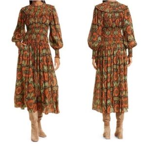 ULLA JOHNSON Nadira Dress Metallic Floral Long Sleeve Midi Nocturne 2